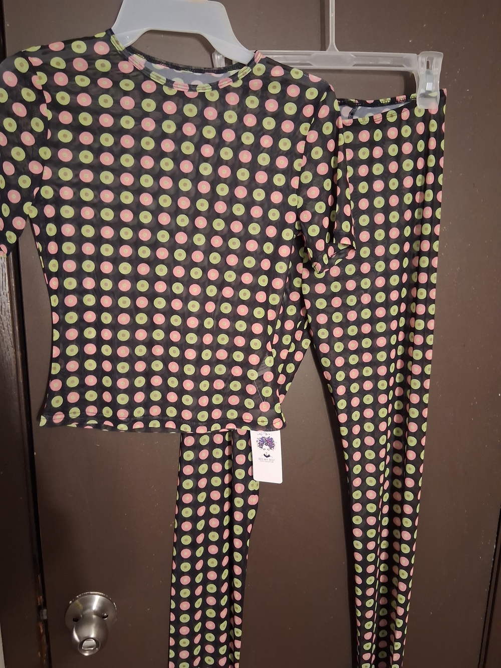 ‼️SOLD‼️Black Dot Print Two-Piece Top & Leggings Set - Pink + Lime Dots